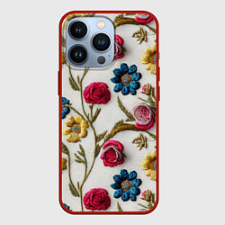 Чехол для iPhone 13 Pro Эффект вышивка летний узор, цвет: 3D-красный