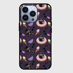 Чехол iPhone 13 Pro Паттерн с мопсами и едой