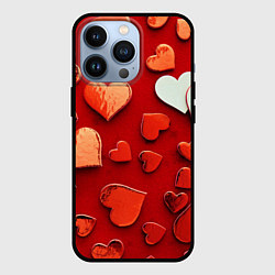 Чехол iPhone 13 Pro Красные сердца на красном фоне
