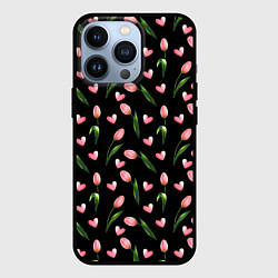 Чехол iPhone 13 Pro Тюльпаны и сердечки на черном - паттерн