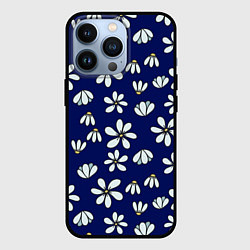 Чехол iPhone 13 Pro Дудл ромашки на синем фоне - паттерн