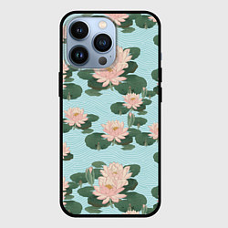 Чехол iPhone 13 Pro Водяные лилии на бирюзовом фоне