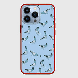 Чехол для iPhone 13 Pro Голубь в шляпе и с зонтиком: паттерн - голубой, цвет: 3D-красный