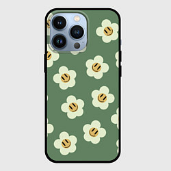 Чехол для iPhone 13 Pro Цветочки-смайлики: темно-зеленый паттерн, цвет: 3D-черный