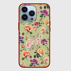 Чехол для iPhone 13 Pro Акварельные цветы - паттерн зеленый, цвет: 3D-красный