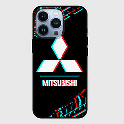 Чехол iPhone 13 Pro Значок Mitsubishi в стиле glitch на темном фоне