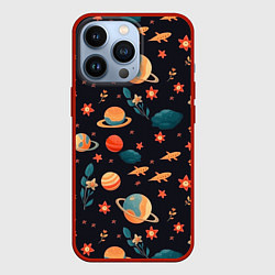Чехол для iPhone 13 Pro Космос, звезды и цветы, цвет: 3D-красный
