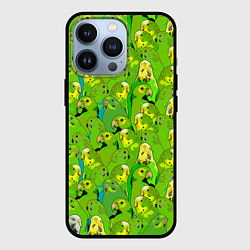 Чехол iPhone 13 Pro Зеленые волнистые попугайчики