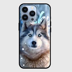 Чехол для iPhone 13 Pro Хаски с голубыми глазами в зимнем лесу, цвет: 3D-черный