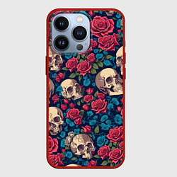 Чехол для iPhone 13 Pro Черепа и красные розы, цвет: 3D-красный