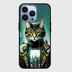 Чехол iPhone 13 Pro Funny cat on the background of skyscrapers