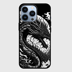 Чехол iPhone 13 Pro Черно-белый дракон и волны