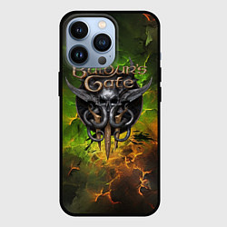 Чехол iPhone 13 Pro Baldurs Gate 3 logo dark green fire