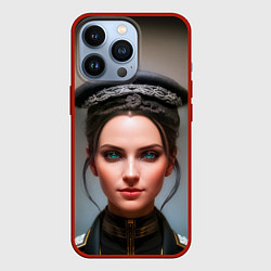Чехол для iPhone 13 Pro Девушка с зелёными глазами в чёрной униформе, цвет: 3D-красный
