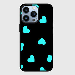 Чехол iPhone 13 Pro С голубыми сердечками на черном
