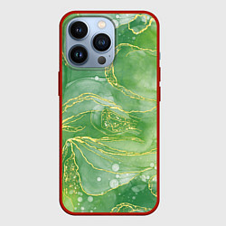 Чехол для iPhone 13 Pro Абстрактный зеленый мрамор с золотым, цвет: 3D-красный