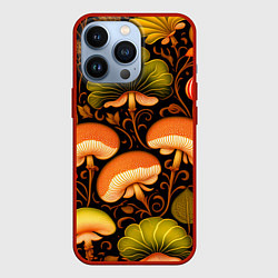 Чехол для iPhone 13 Pro Грибы с листвой узор, цвет: 3D-красный