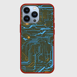 Чехол iPhone 13 Pro Кибер схемы Синий и жёлтый