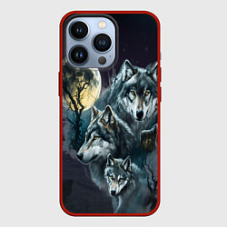 Чехол для iPhone 13 Pro Вольчья стая и луна, цвет: 3D-красный