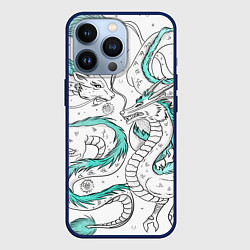 Чехол iPhone 13 Pro Дракон Хаку в стиле тату: белый и бирюзовый паттер