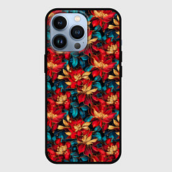 Чехол iPhone 13 Pro Красные цветы с синими листьями узор