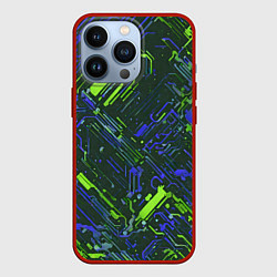 Чехол для iPhone 13 Pro Киберпанк линии зелёные и синие, цвет: 3D-красный
