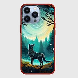Чехол для iPhone 13 Pro Волк в ночном лесу фолк-арт, цвет: 3D-красный