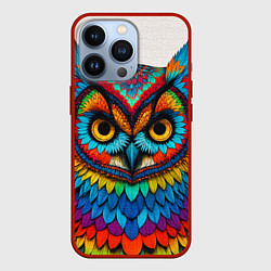 Чехол для iPhone 13 Pro Сова желтоглазая с разноцветными перьями, цвет: 3D-красный