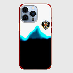 Чехол iPhone 13 Pro Герб РФ синяя волна