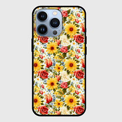 Чехол iPhone 13 Pro Паттерн из желтых и красных цветов