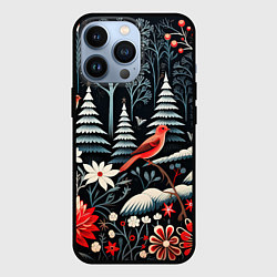 Чехол для iPhone 13 Pro Новогодний лес и птицы, цвет: 3D-черный
