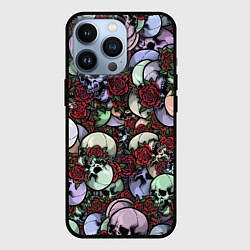 Чехол iPhone 13 Pro Череп с розами паттерн
