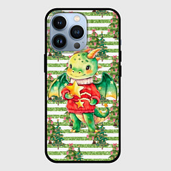 Чехол для iPhone 13 Pro Новогодний дракон с елками, цвет: 3D-черный