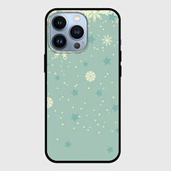 Чехол iPhone 13 Pro Снежинки и звезды на матно зеленем
