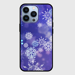 Чехол iPhone 13 Pro Крупные снежинки на фиолетовом