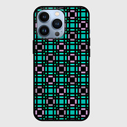 Чехол iPhone 13 Pro Зелено-сиреневый с черный клетчатый узор