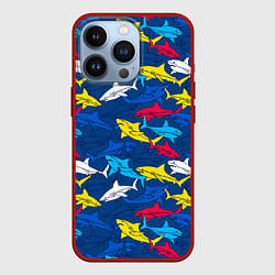 Чехол для iPhone 13 Pro Разноцветные акулы на глубине, цвет: 3D-красный
