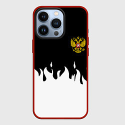 Чехол iPhone 13 Pro Герб РФ огонь патриотический стиль