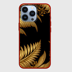Чехол iPhone 13 Pro Золотые объемные листья узоры