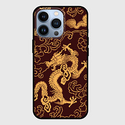 Чехол iPhone 13 Pro Черно-золотая гравюра дракона