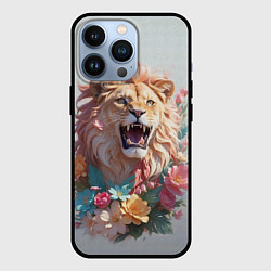 Чехол для iPhone 13 Pro Голова льва в цветах на холсте, цвет: 3D-черный