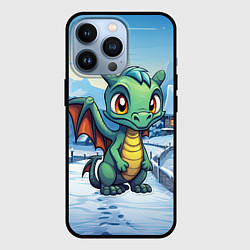 Чехол для iPhone 13 Pro Зеленый дракошка в городе, цвет: 3D-черный