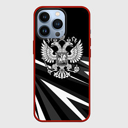 Чехол для iPhone 13 Pro Герб РФ - white and black geometry, цвет: 3D-красный