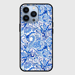 Чехол для iPhone 13 Pro Гжельская роспись на белом фоне, цвет: 3D-черный