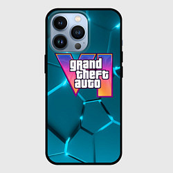 Чехол для iPhone 13 Pro GTA 6 лого на фоне разлома голубых плит, цвет: 3D-черный