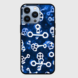 Чехол iPhone 13 Pro Белые черепки и кости на синем