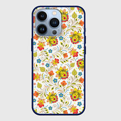 Чехол для iPhone 13 Pro Хохломская роспись разноцветные цветы на белом фон, цвет: 3D-тёмно-синий