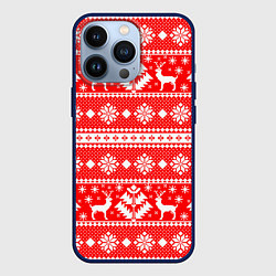 Чехол iPhone 13 Pro Новый год ели и олени на красном фоне