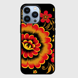 Чехол iPhone 13 Pro Хохломская роспись красно-жёлтые цветы на чёрном ф