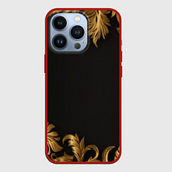 Чехол для iPhone 13 Pro Золотые объемные листья на черном, цвет: 3D-красный